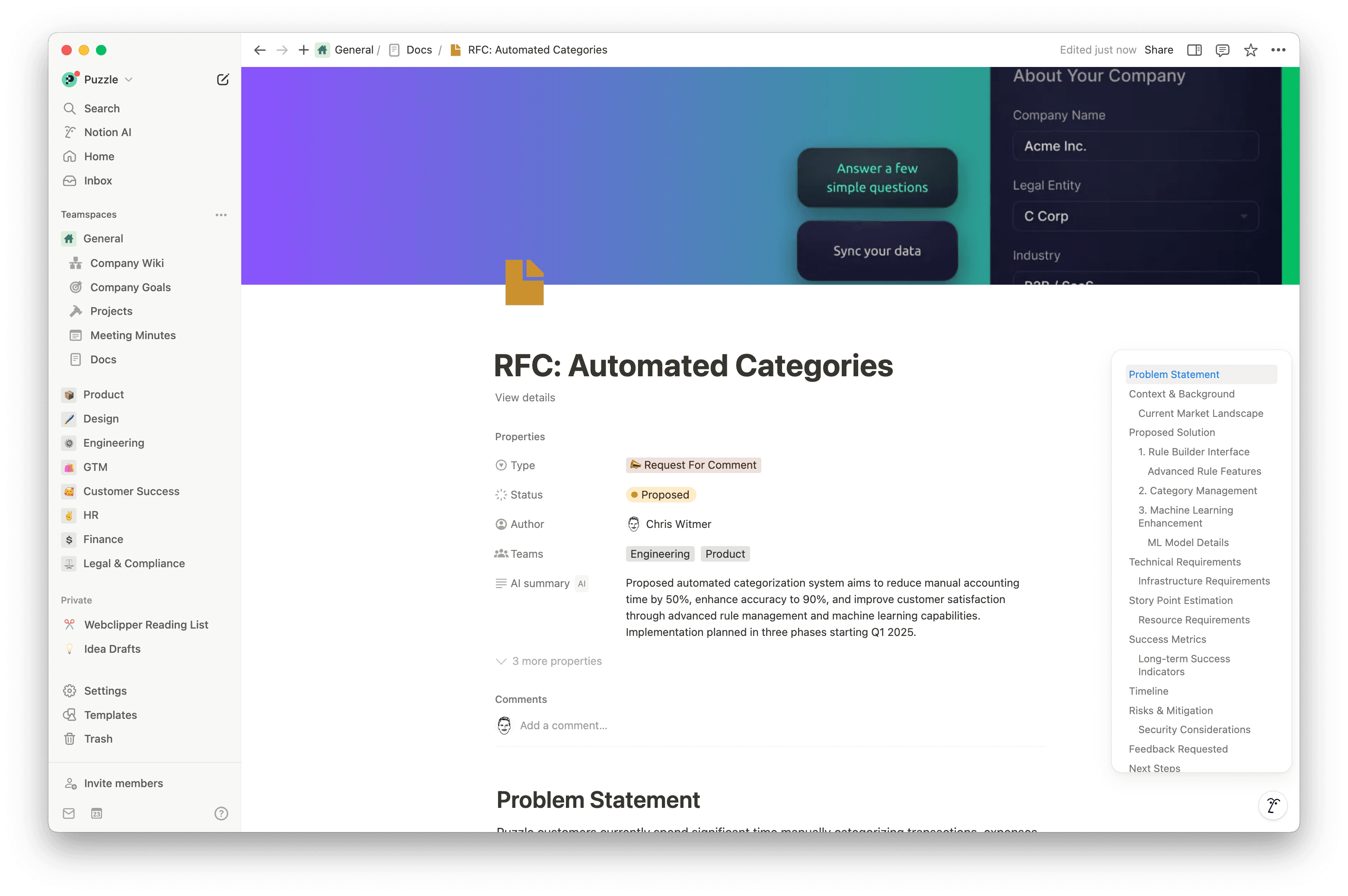 Los documentos de solicitud de comentarios (RFC) en Notion brindan una estructura clara, colaboración en tiempo real, vínculos con documentos y decisiones informadas. Así, todos los comentarios quedan bien ordenados y aceleramos el proceso de ejecución.